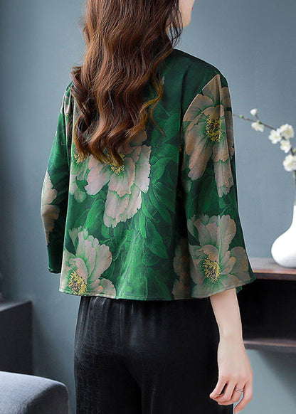 Retro Green Print Chinese Button Silk Blouses Flare Sleeve