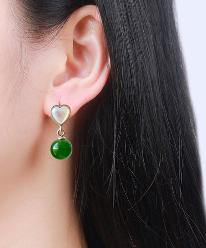 Retro Green Sterling Silver Inlaid Love Shell Jadedrop Earrings
