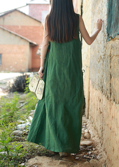 Retro Green V Neck Tie Waist Embroideried Long Dress Sleeveless