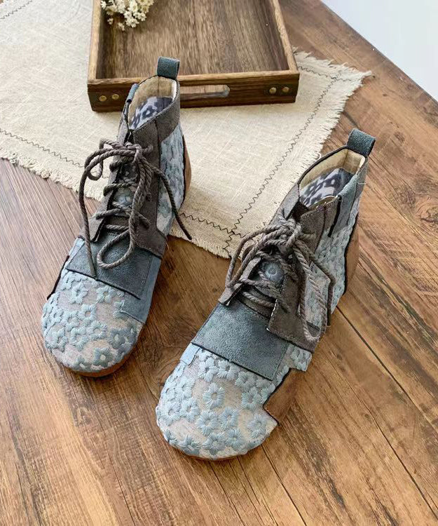 Retro Grey Flat Boots Splicing Lace Up Hollow Out Soolinen Shoes-20251