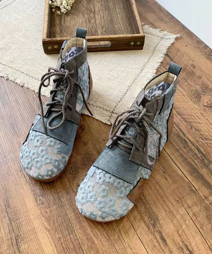 Retro Grey Flat Boots Splicing Lace Up Hollow Out Soolinen Shoes-20251