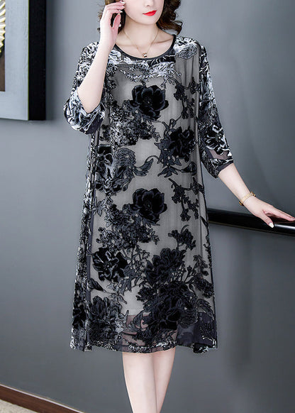 Retro Grey O-neck Embroideried Hollow Out Party Long Dress Summer