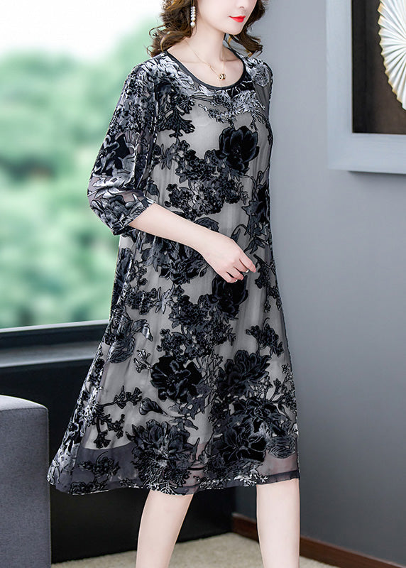 Retro Grey O-neck Embroideried Hollow Out Party Long Dress Summer
