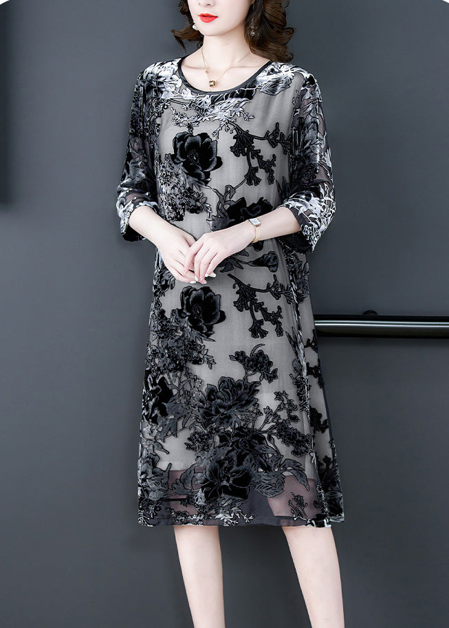 Retro Grey O-neck Embroideried Hollow Out Party Long Dress Summer