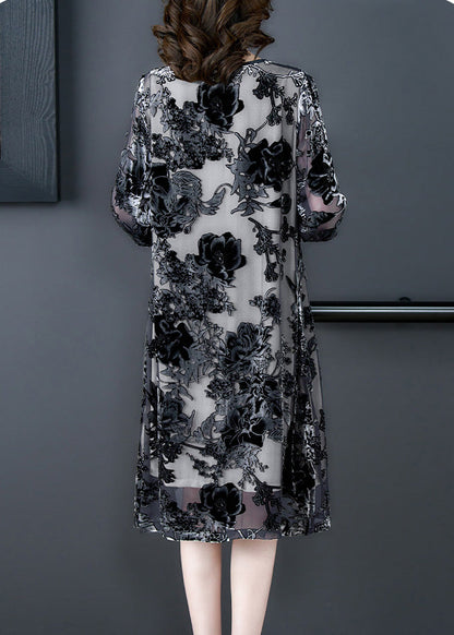 Retro Grey O-neck Embroideried Hollow Out Party Long Dress Summer