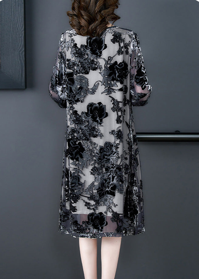 Retro Grey O-neck Embroideried Hollow Out Party Long Dress Summer