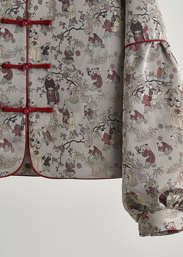 Retro Grey Oversized Print Cotton Oriental Jacket Spring