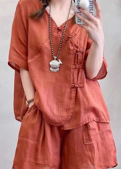 Retro Light Brown Chinese Button Tops and Shorts Cotton Two Pieces Set Summer