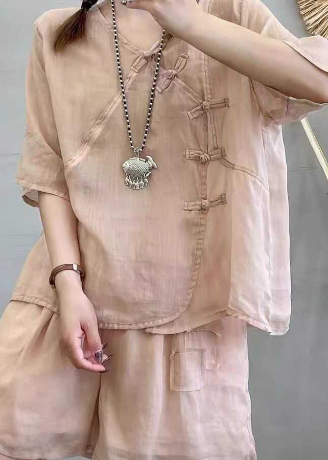 Retro Light Brown Chinese Button Tops and Shorts Cotton Two Pieces Set Summer