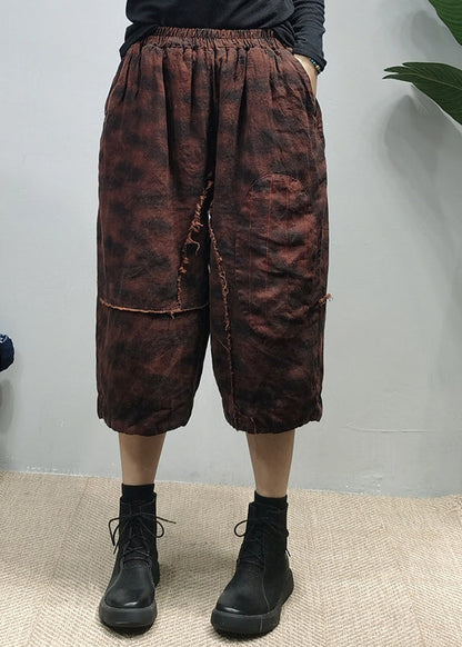 Retro Mulberry Elastic Waist Pockets Patchwork Linen Three Quarter Pants Spring