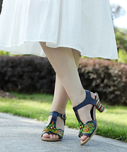 Retro Navy Cowhide Leather Print Splicing Buckle Strap Hollow Out Sandals