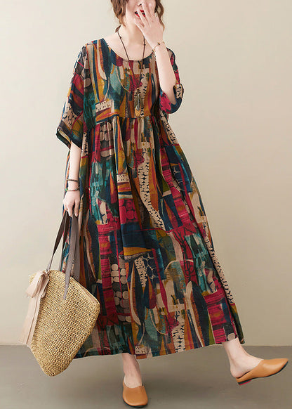 Retro O-neck Print Party Maxi Dress Half Sleeve