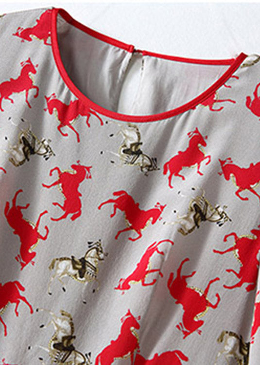 Retro O-neck Print Patchwork Wrinkled Silk Mid Dress Short Sleeve