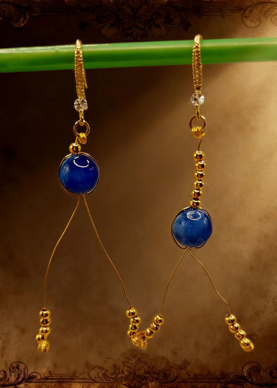 Retro Peacock Blue Tasseled Gem Stone Drop Earrings