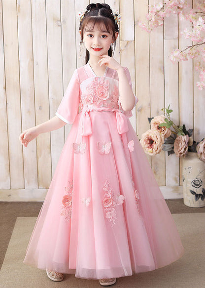 Retro Pink Butterfly Embroideried Patchwork Chiffon Kids Long Dresses Summer