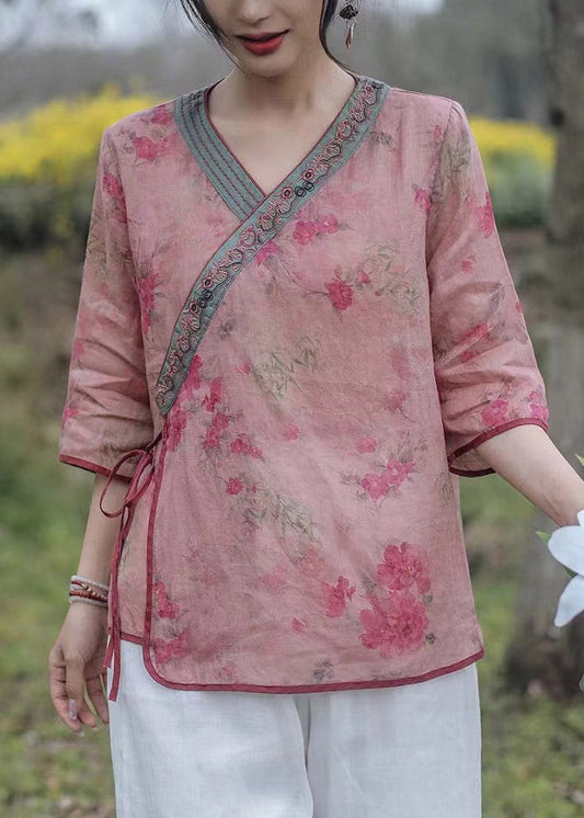 Retro Pink Patchwork Tie Waist Linen Shirts Three Quarter Sleeve