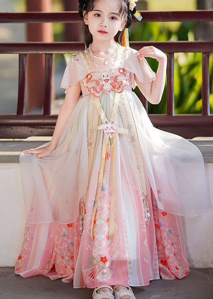 Retro Pink Print Wrinkled Patchwork Chiffon Kids Long Dresses Summer