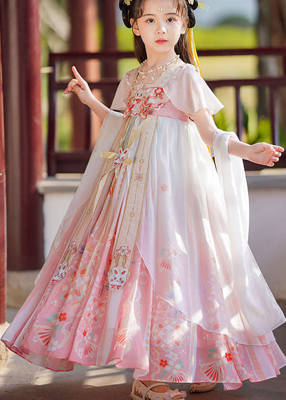 Retro Pink Print Wrinkled Patchwork Chiffon Kids Long Dresses Summer
