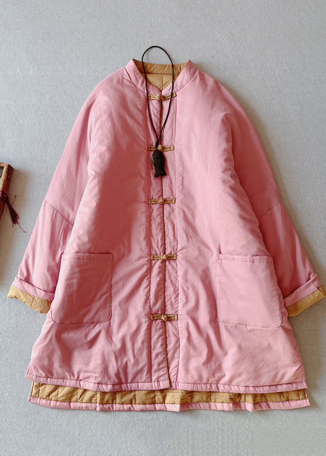 Retro Pink Stand Collar Pockets Fine Cotton Filled Coat Winter