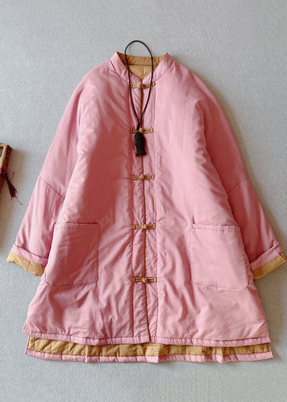 Retro Pink Stand Collar Pockets Fine Cotton Filled Coat Winter