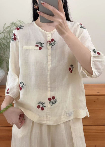 Retro Yellow O Neck Embroidered Linen Top Summer