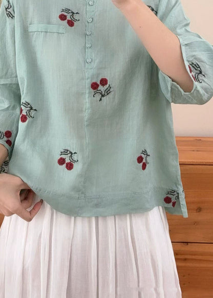 Retro Yellow O Neck Embroidered Linen Top Summer