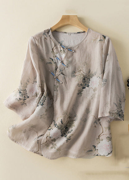 Retro Print O-neck Button Cotton Shirt Bracelet Sleeve
