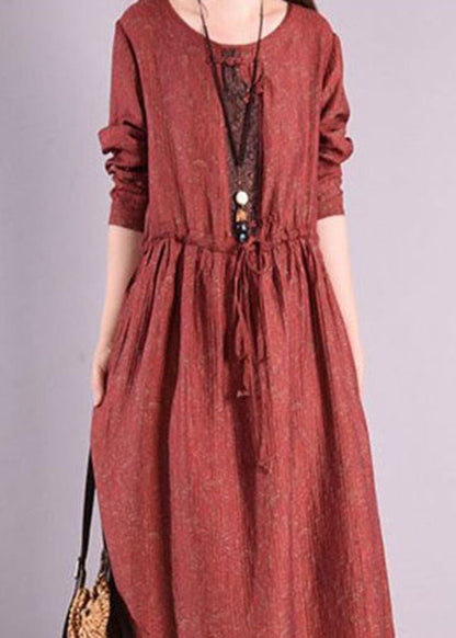 Retro Red O Neck Drawstring Patchwork Linen Long Dresses Spring