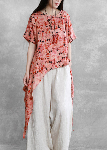 Retro Red O-neck Print Asymmetrical Tie Waist Linen Top Short Sleeve