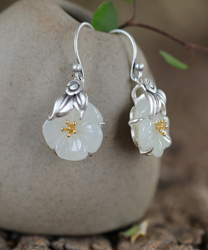 Retro Silk Sterling Silver Inlaid Jade Drop Earrings Kx1088