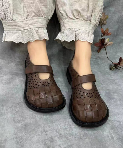 Retro Splicing Hollow Out Flat Shoes Brown Cowhide Leather Soolinen Shoes-20251