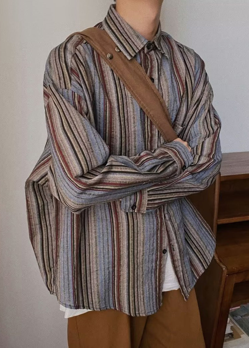 Retro Striped Button Pockets Oversized Cotton Mens Shirts Spring
