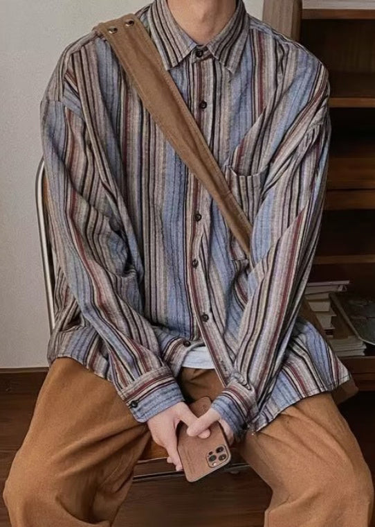 Retro Striped Button Pockets Oversized Cotton Shirts Spring