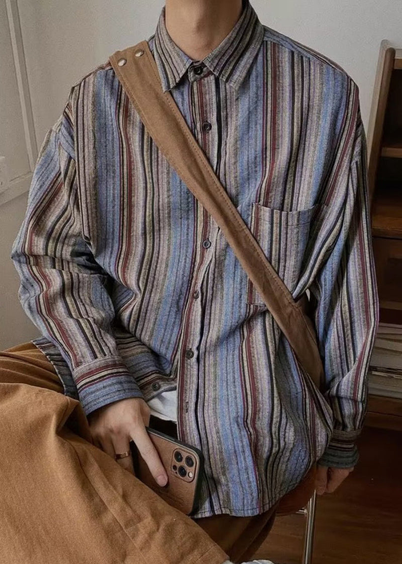 Retro Striped Button Pockets Oversized Cotton Shirts Spring