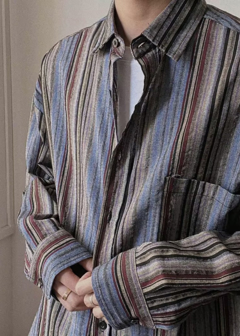 Retro Striped Button Pockets Oversized Cotton Shirts Spring