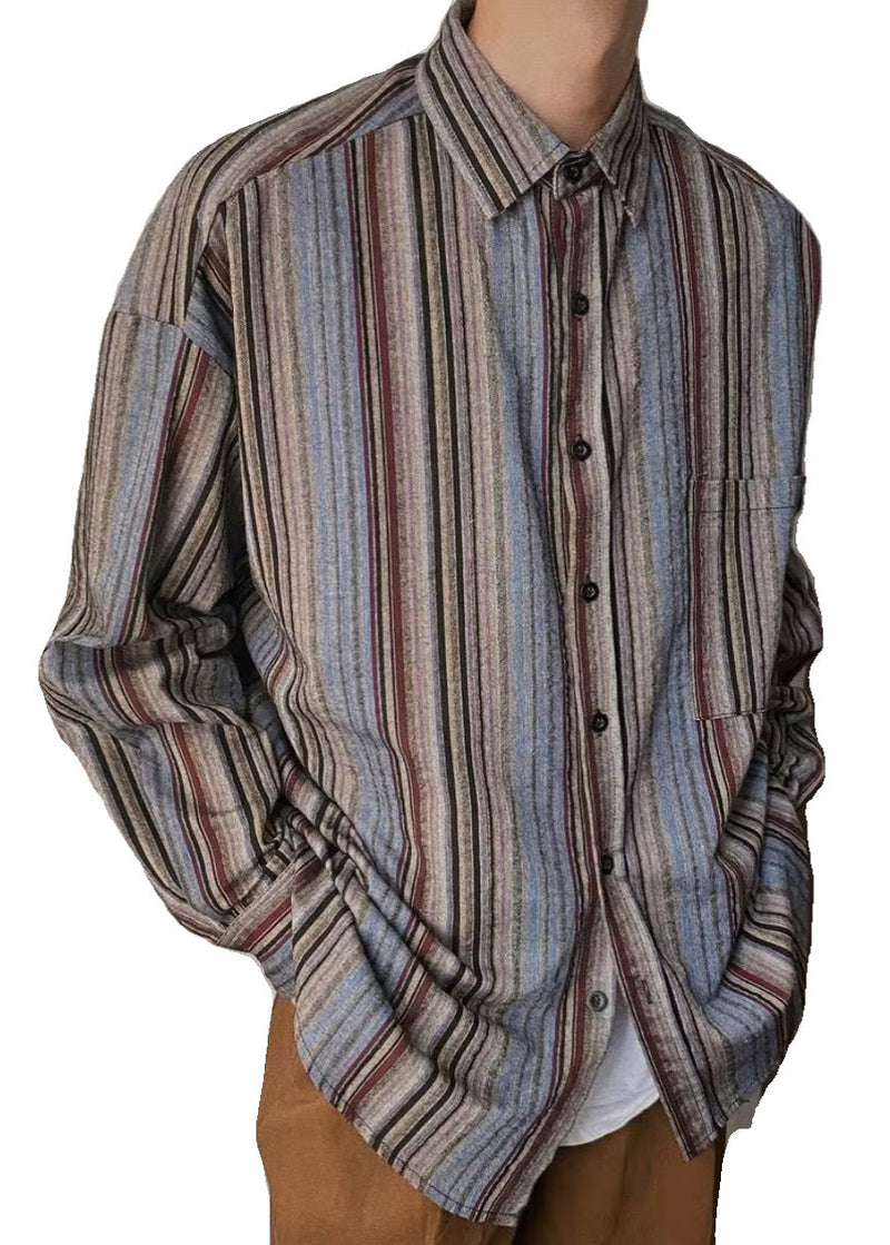 Retro Striped Button Pockets Oversized Cotton Shirts Spring