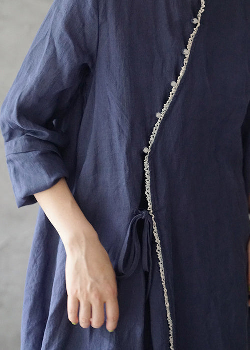 Retro Tibetan Blue Lace Patchwork Linen Dresses Long Sleeve