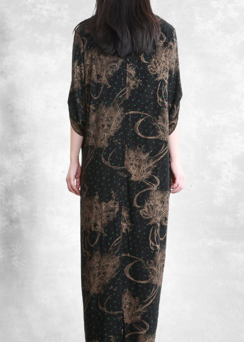 Retro V Neck Asymmetrical Print Pockets Draping Silk Dress Half Sleeve
