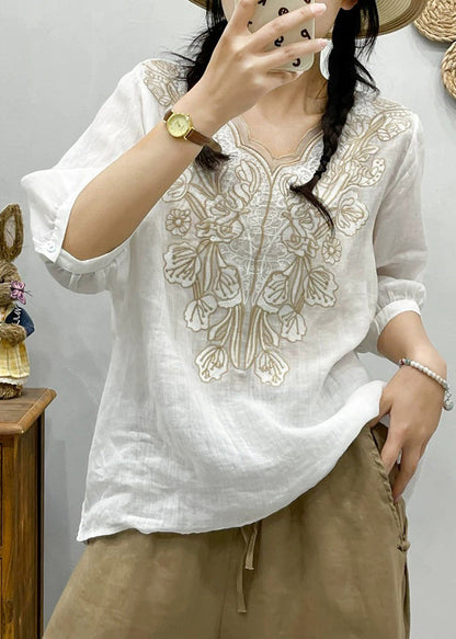 Retro White Embroideried Tulle Patchwork Ramie T Shirt Summer