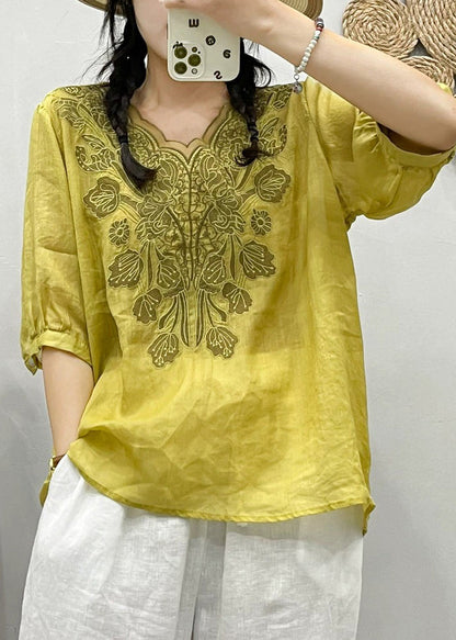 Retro White Embroideried Tulle Patchwork Ramie T Shirt Summer