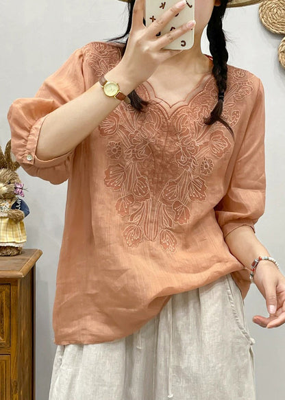 Retro White Embroideried Tulle Patchwork Ramie T Shirt Summer