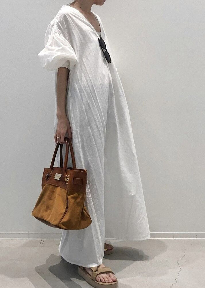 Retro White V Neck Cozy Cotton Maxi Dress Long Sleeve