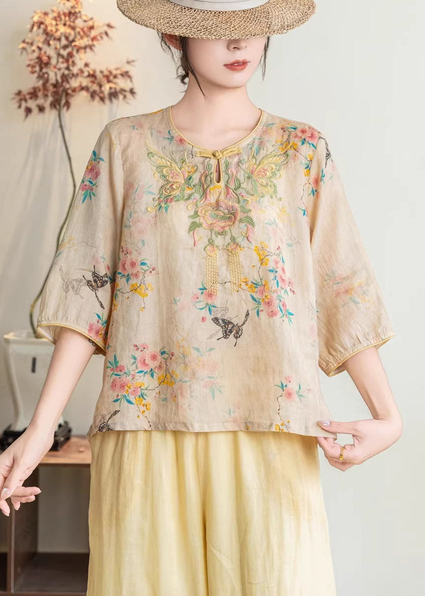 Retro Yellow O-neck Embroidered Linen Shirt Summer