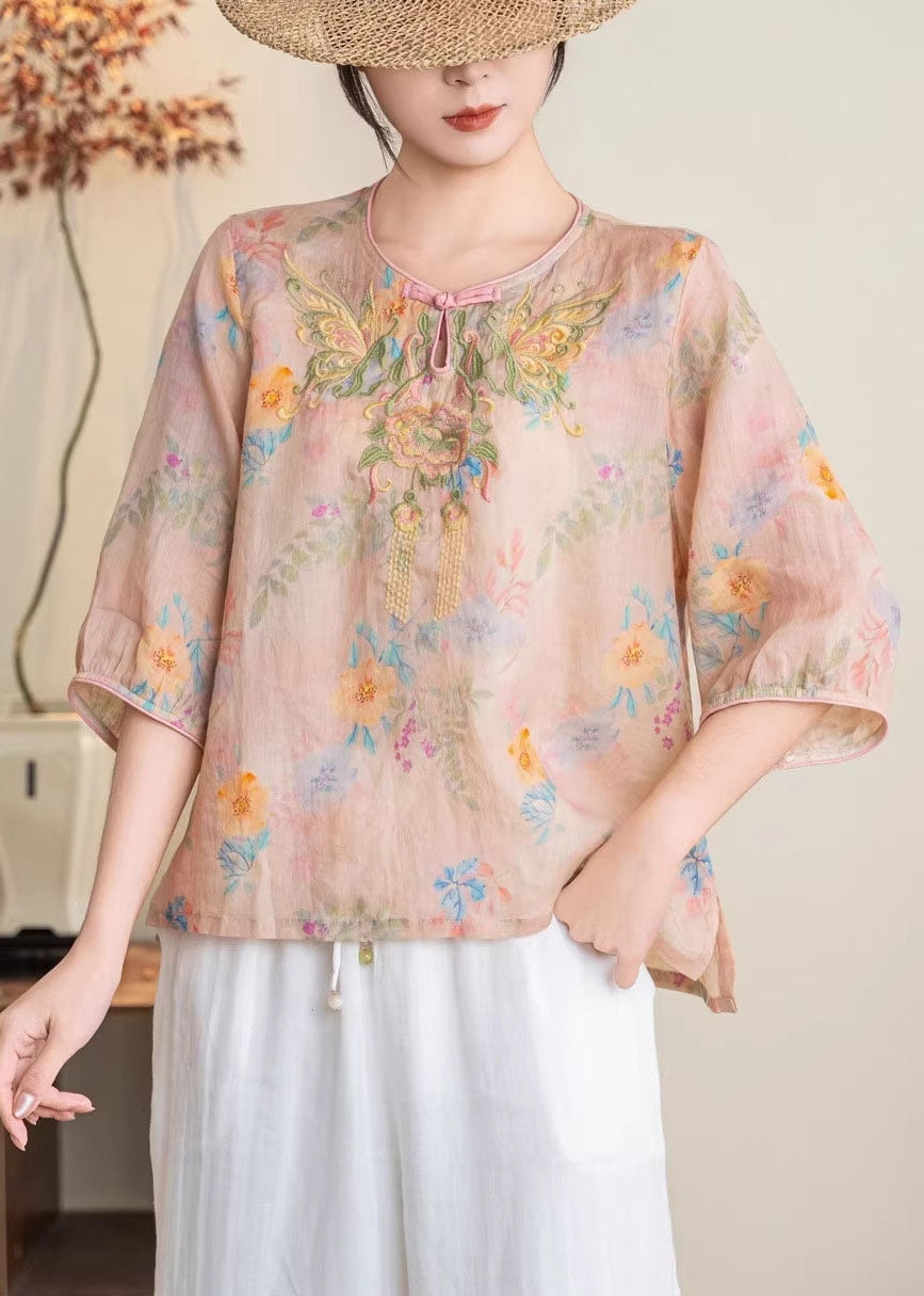 Retro Yellow O-neck Embroidered Linen Shirt Summer
