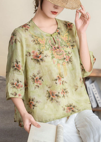 Retro Yellow O-neck Embroidered Linen Shirt Summer