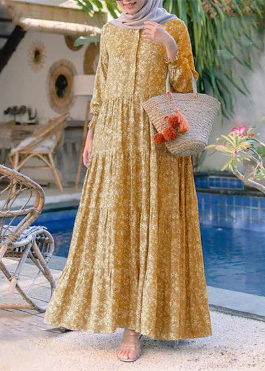 Retro Yellow O-neck Print Patchwork Button Long Dresses Long Sleeve