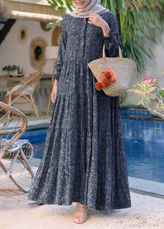Retro Yellow O-neck Print Patchwork Button Long Dresses Long Sleeve