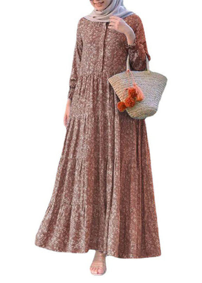 Retro Yellow O-neck Print Patchwork Button Long Dresses Long Sleeve