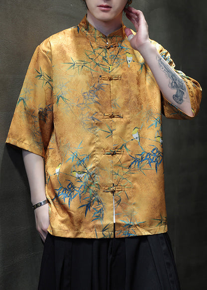 Retro Yellow Print Chinese Button Ice Silk Shirts Summer
