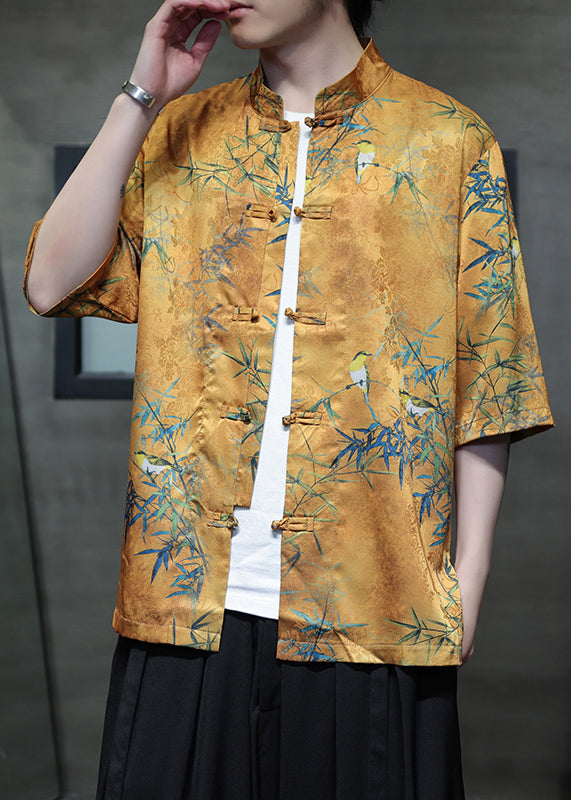Retro Yellow Print Chinese Button Ice Silk Shirts Summer